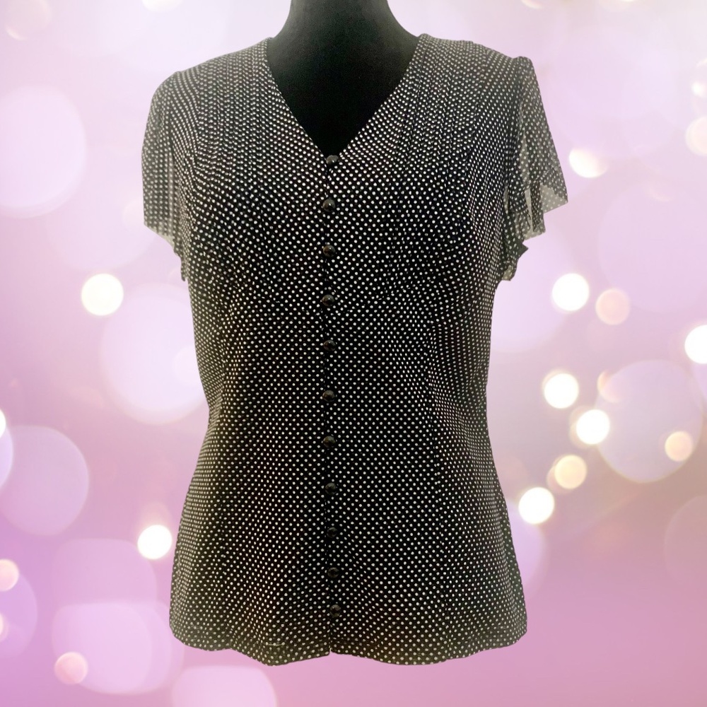 INC International Concepts Women Top Black White Polka Dots Ruffled Sleeve Large